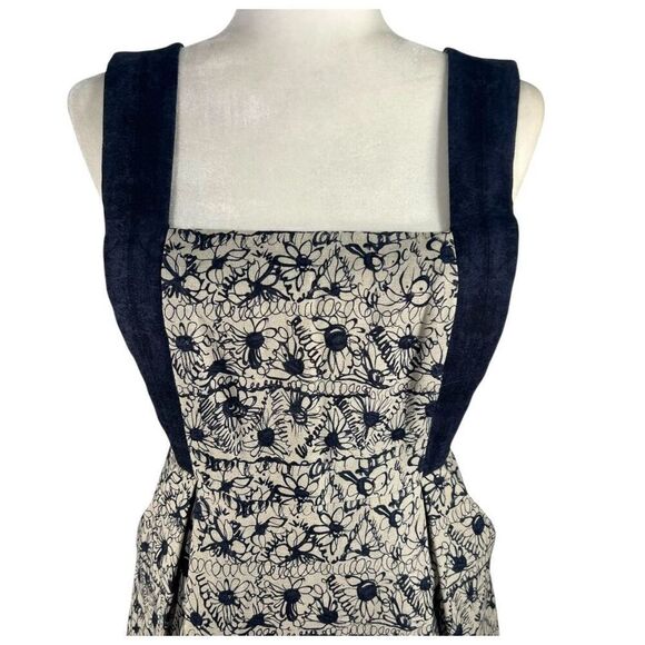 Adam Lippes New w Tags ! Beige & Navy Floral Linen-Cotton Jacquard Sheath Dress - Picture 2 of 13